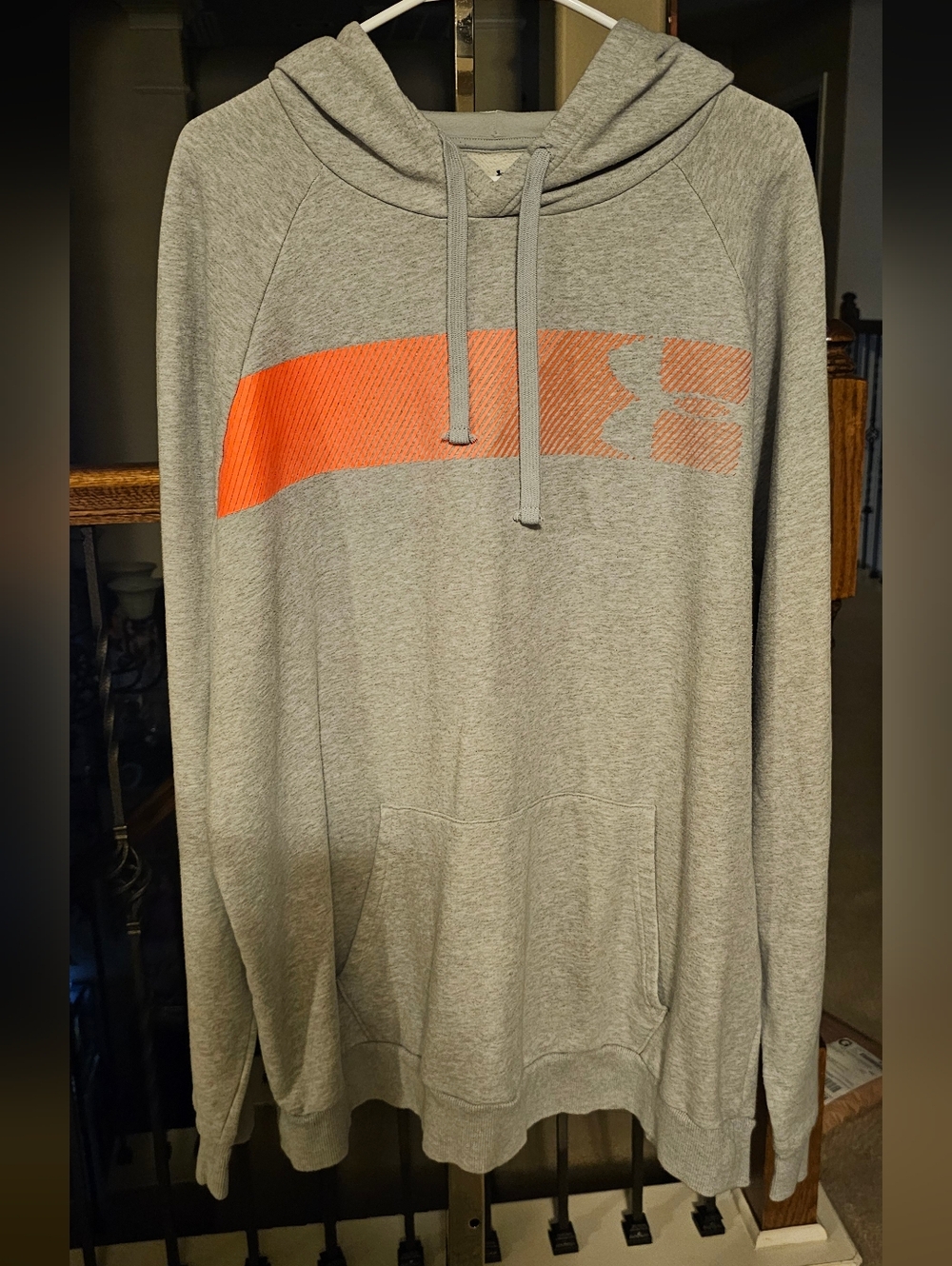 Under Armour Men’s Light Gray Pullover Hoodie with Orange Chest Stripe